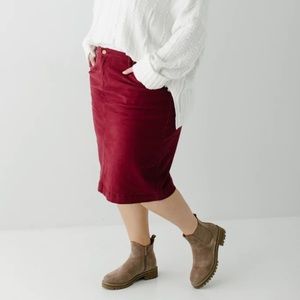 Like New - Burgundy Denim Midi Skirt From the Main Street Exchange